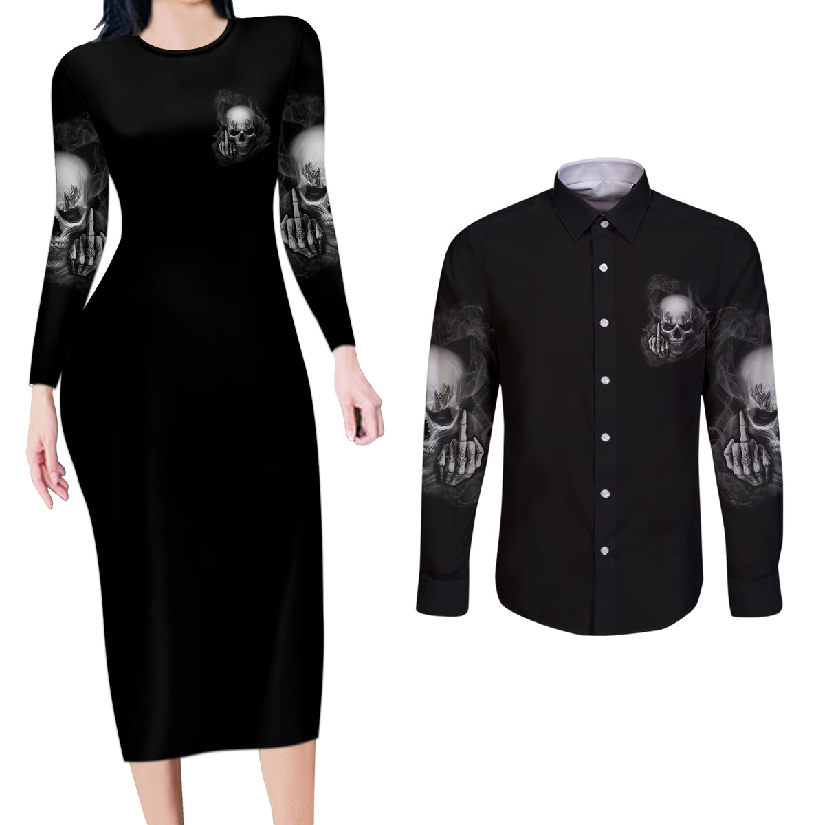 Warning I'm An A Mad Skull Couples Matching Long Sleeve Bodycon Dress and Long Sleeve Button Shirt - Wonder Print Shop