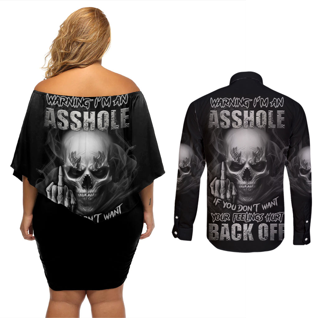 Warning I'm An A Mad Skull Couples Matching Off Shoulder Short Dress and Long Sleeve Button Shirt - Wonder Print Shop