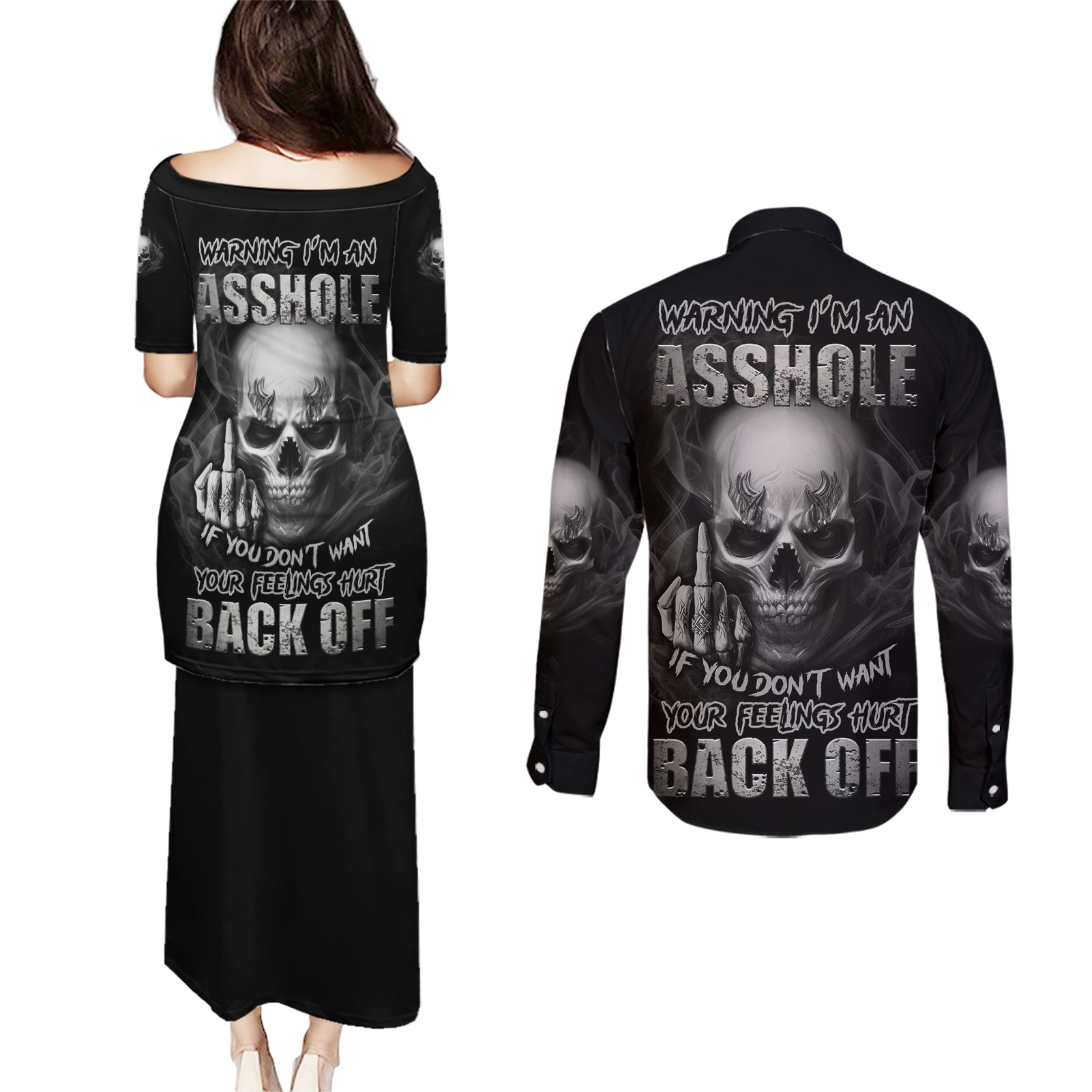 Warning I'm An A Mad Skull Couples Matching Puletasi Dress and Long Sleeve Button Shirt - Wonder Print Shop