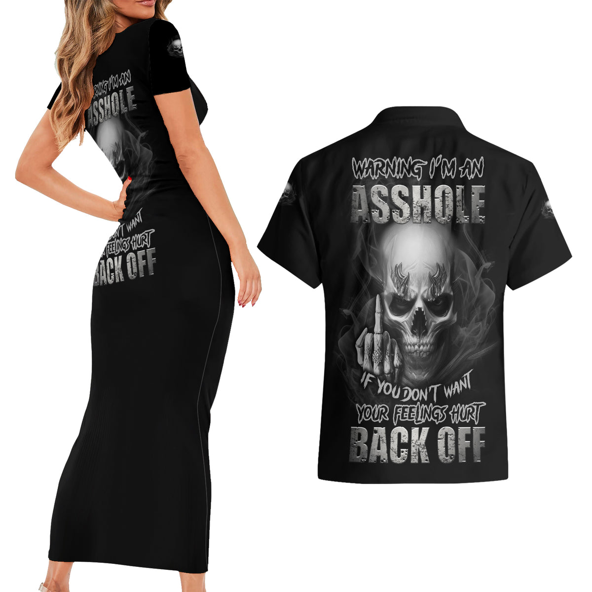 Warning I'm An A Mad Skull Couples Matching Short Sleeve Bodycon Dress and Hawaiian Shirt - Wonder Print Shop