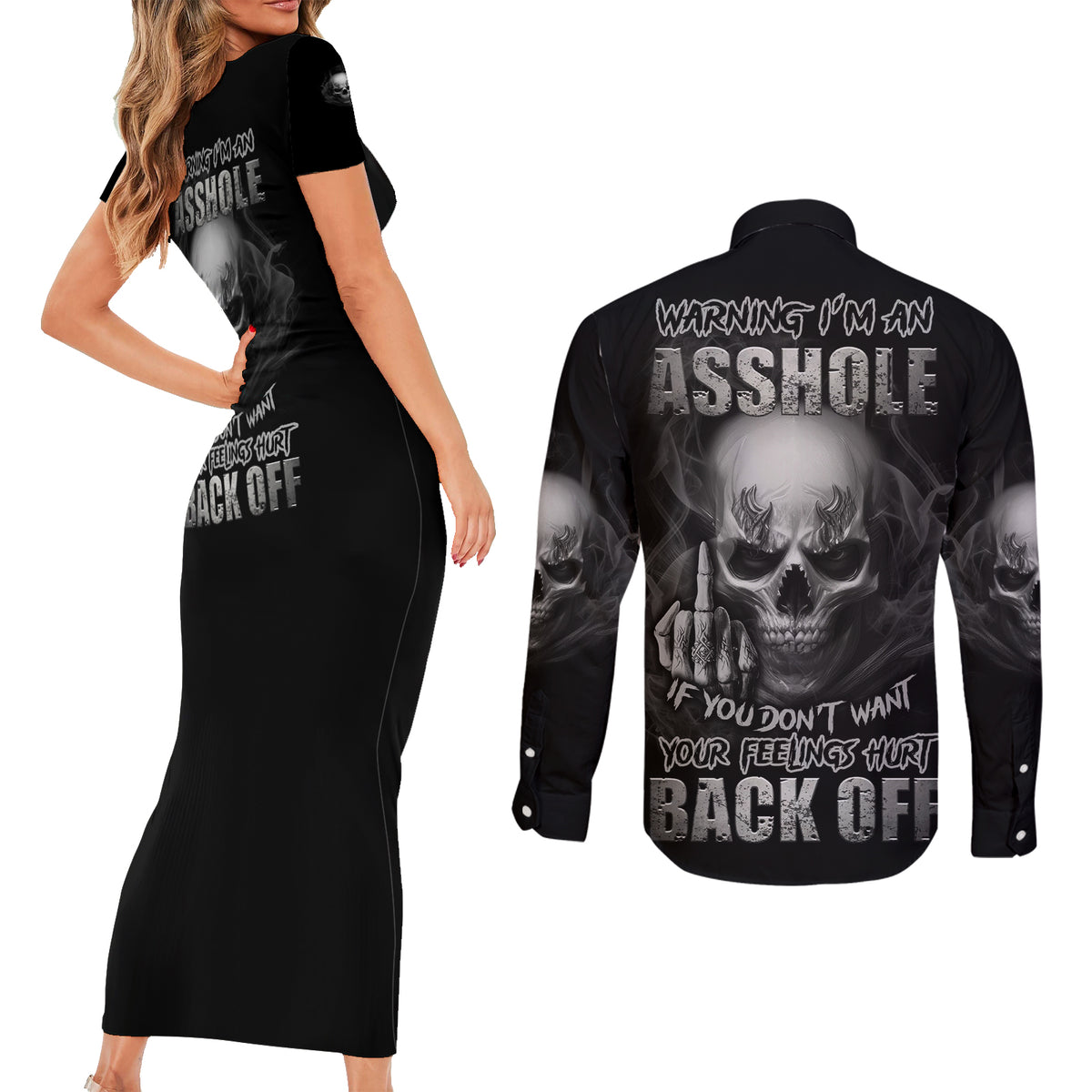 Warning I'm An A Mad Skull Couples Matching Short Sleeve Bodycon Dress and Long Sleeve Button Shirt - Wonder Print Shop