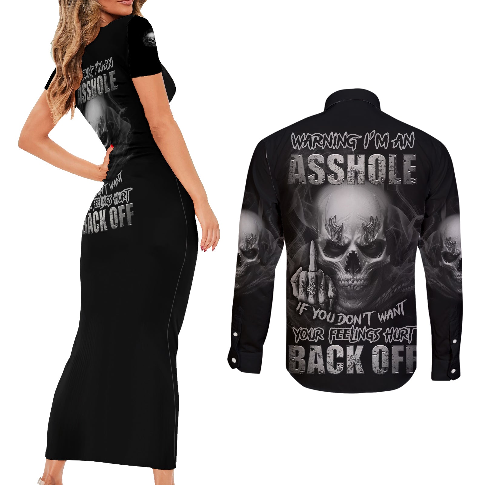Warning I'm An A Mad Skull Couples Matching Short Sleeve Bodycon Dress and Long Sleeve Button Shirt - Wonder Print Shop