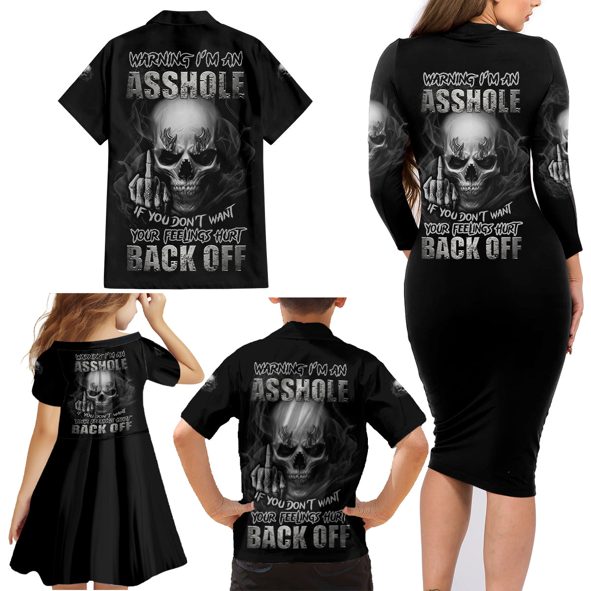 Warning I'm An A Mad Skull Family Matching Long Sleeve Bodycon Dress and Hawaiian Shirt - Wonder Print Shop