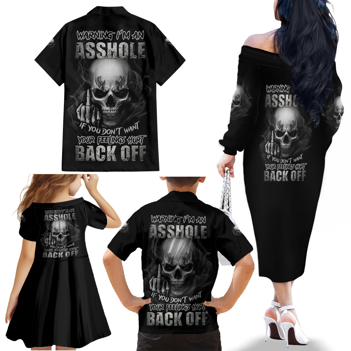 Warning I'm An A Mad Skull Family Matching Off Shoulder Long Sleeve Dress and Hawaiian Shirt - Wonder Print Shop