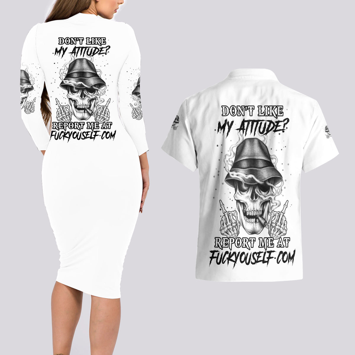 Don't Like My Attitude Couples Matching Long Sleeve Bodycon Dress and Hawaiian Shirt - Wonder Print Shop