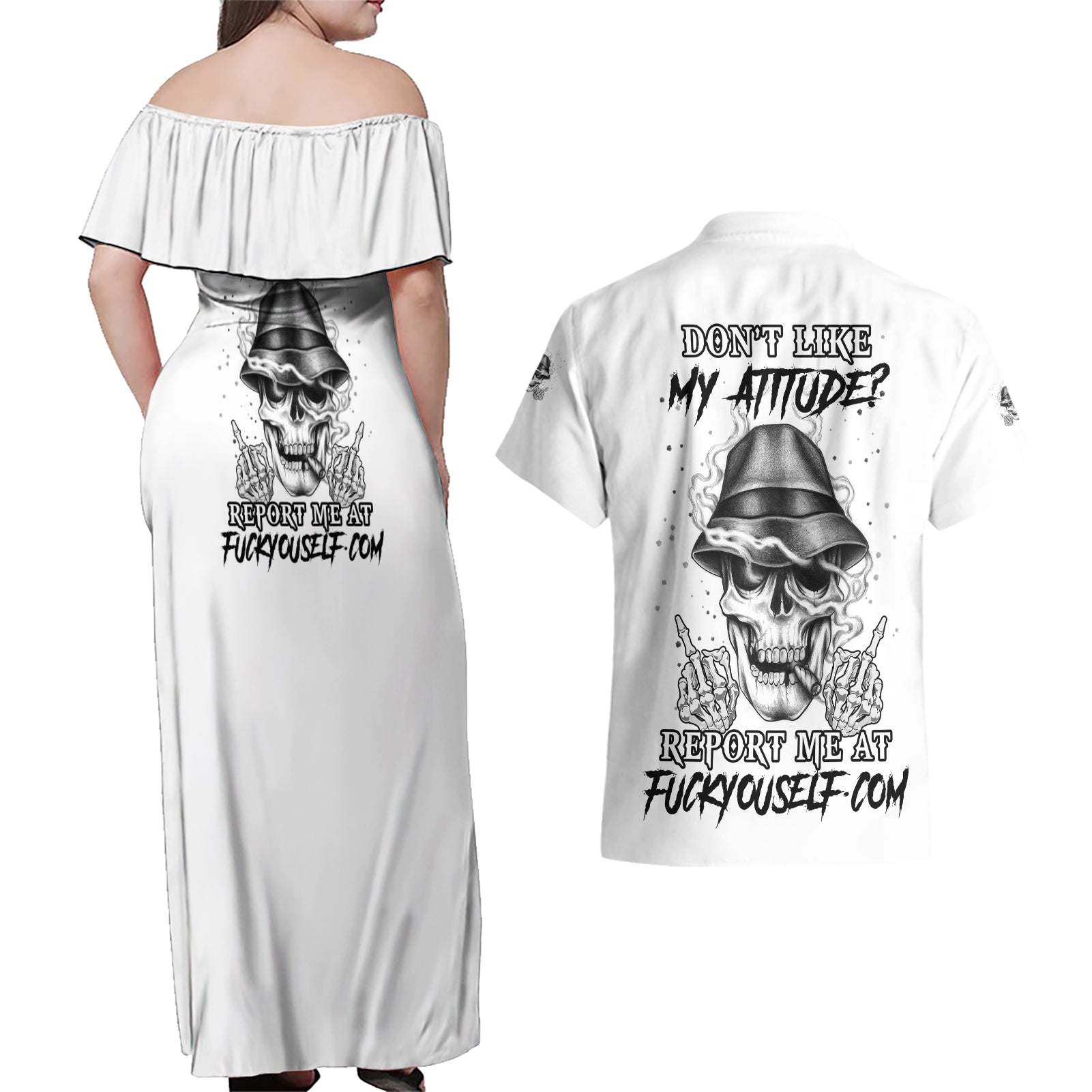 Don't Like My Attitude Couples Matching Off Shoulder Maxi Dress and Hawaiian Shirt - Wonder Print Shop