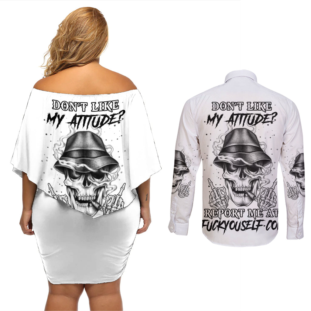 Don't Like My Attitude Couples Matching Off Shoulder Short Dress and Long Sleeve Button Shirt - Wonder Print Shop