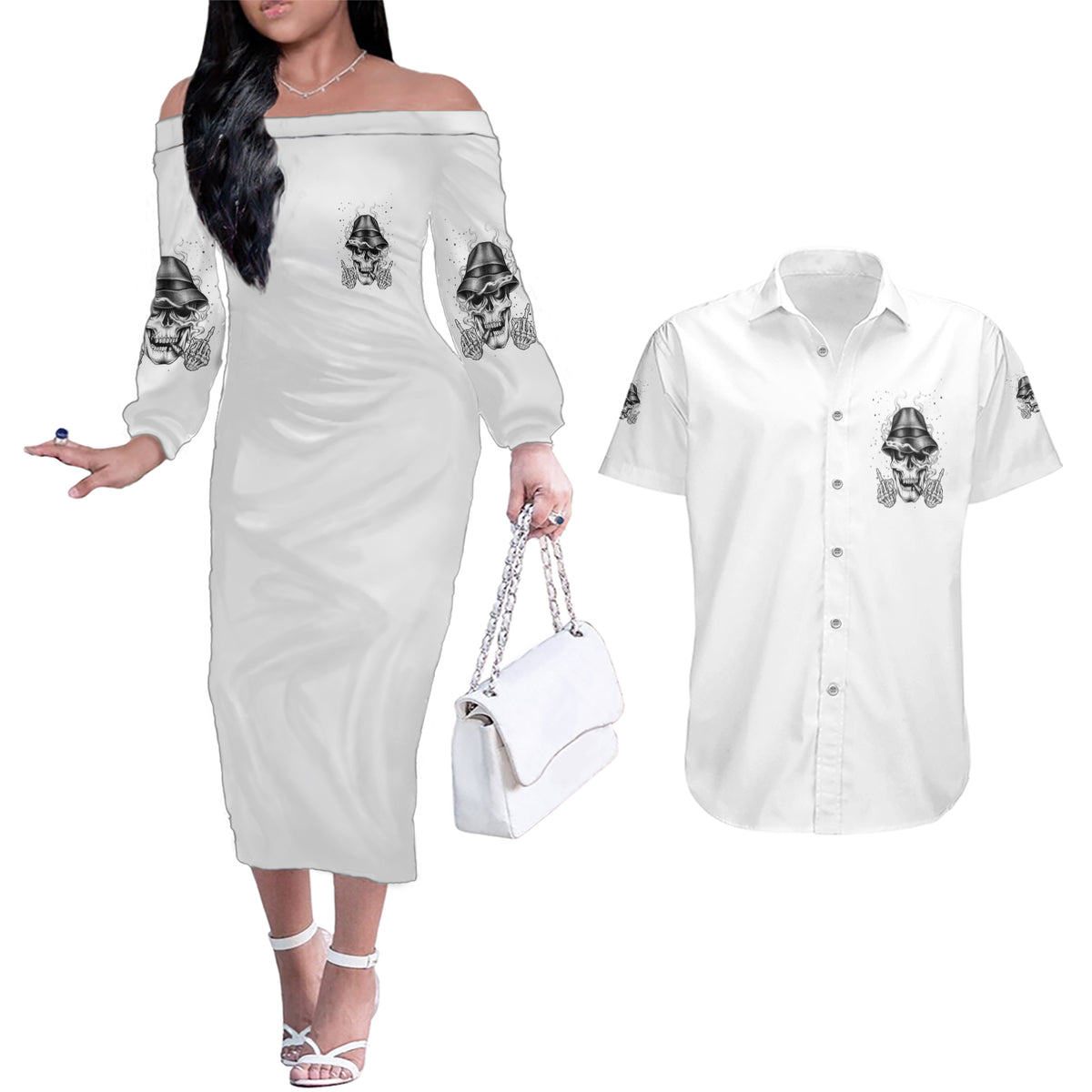 Don't Like My Attitude Couples Matching Off The Shoulder Long Sleeve Dress and Hawaiian Shirt - Wonder Print Shop