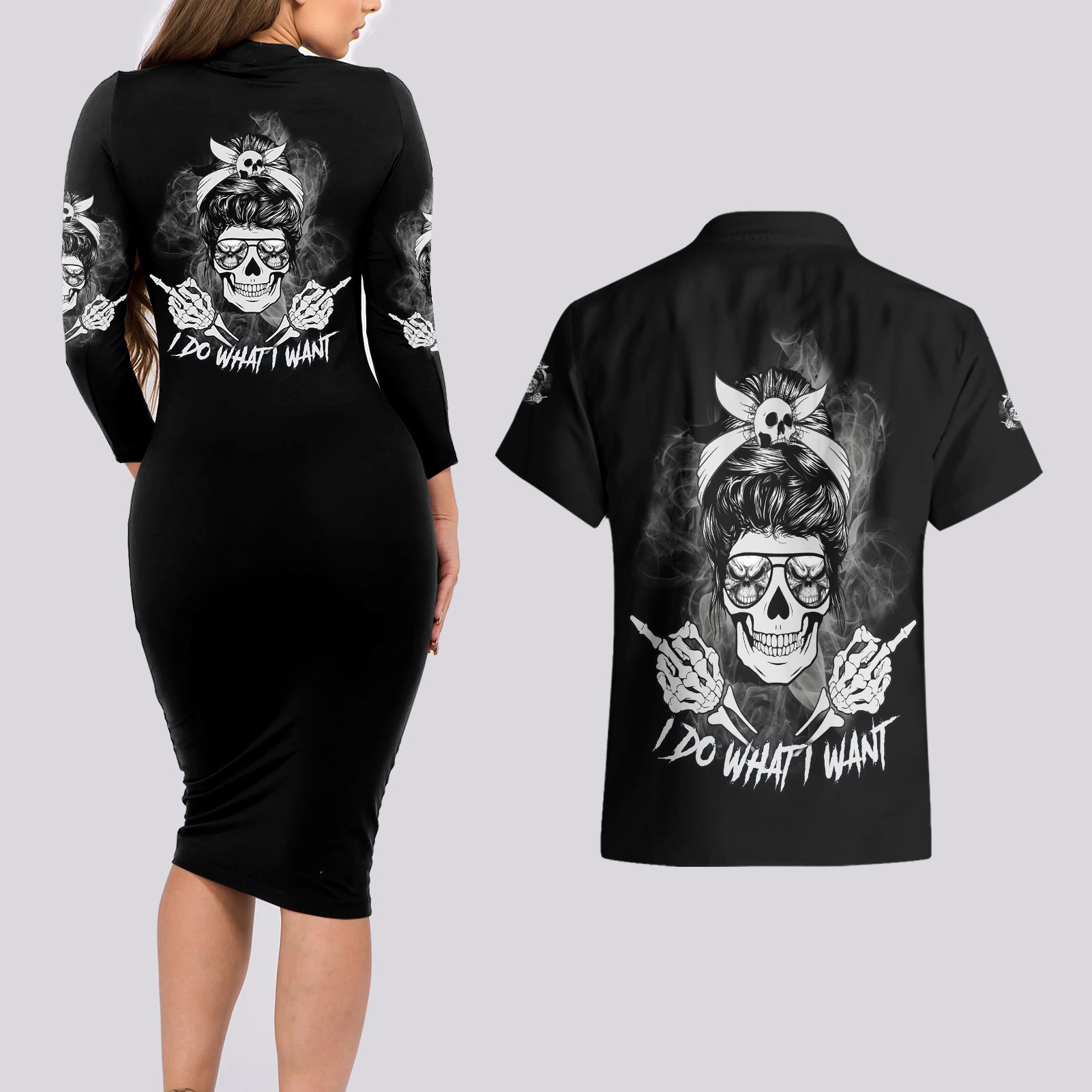 I Do What I Want Skull Black And White Couples Matching Long Sleeve Bodycon Dress and Hawaiian Shirt - Wonder Print Shop