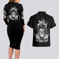 I Do What I Want Skull Black And White Couples Matching Long Sleeve Bodycon Dress and Hawaiian Shirt - Wonder Print Shop
