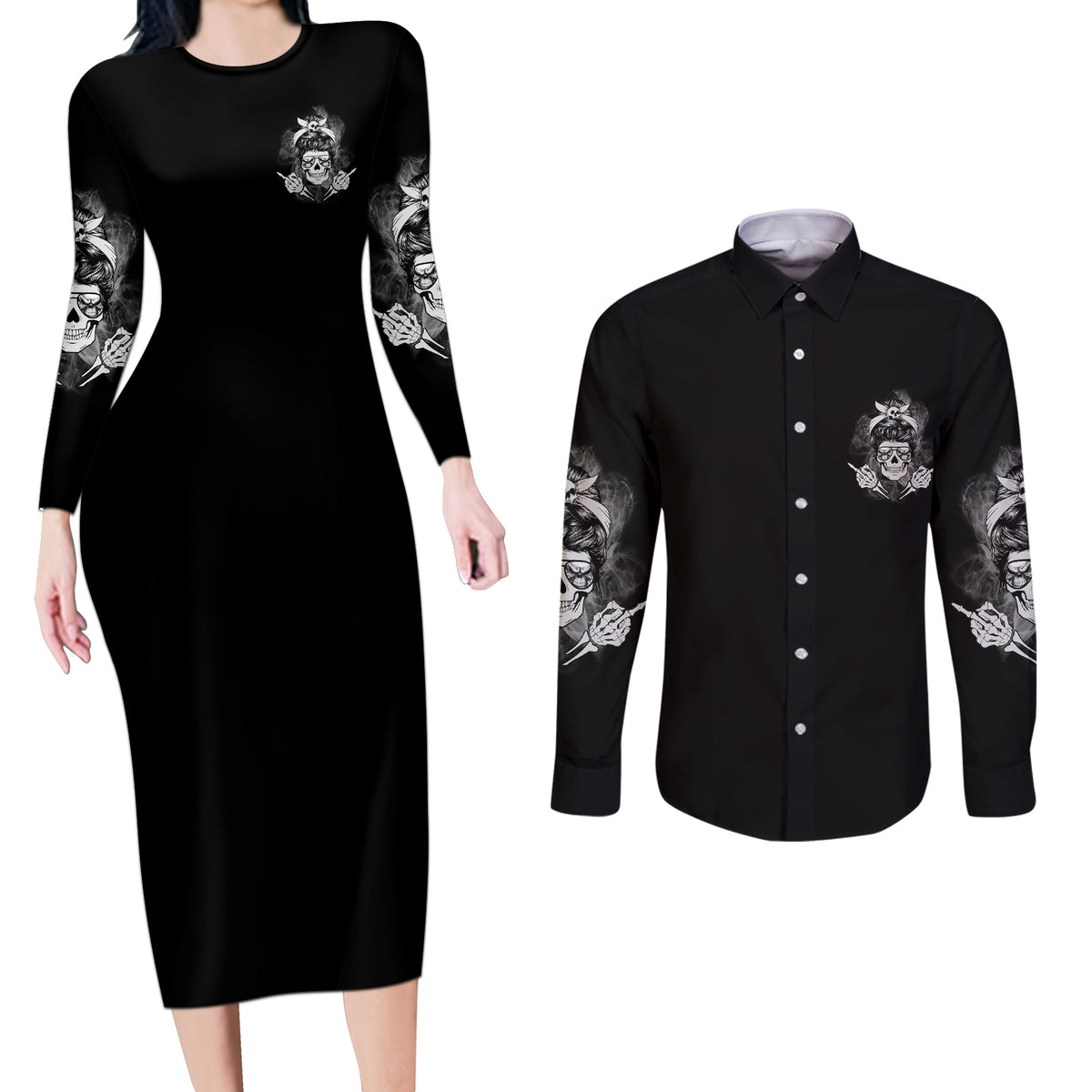 I Do What I Want Skull Black And White Couples Matching Long Sleeve Bodycon Dress and Long Sleeve Button Shirt - Wonder Print Shop