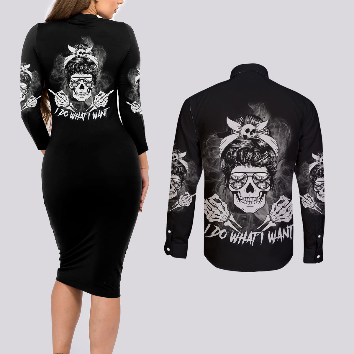 I Do What I Want Skull Black And White Couples Matching Long Sleeve Bodycon Dress and Long Sleeve Button Shirt - Wonder Print Shop