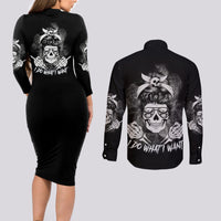 I Do What I Want Skull Black And White Couples Matching Long Sleeve Bodycon Dress and Long Sleeve Button Shirt - Wonder Print Shop