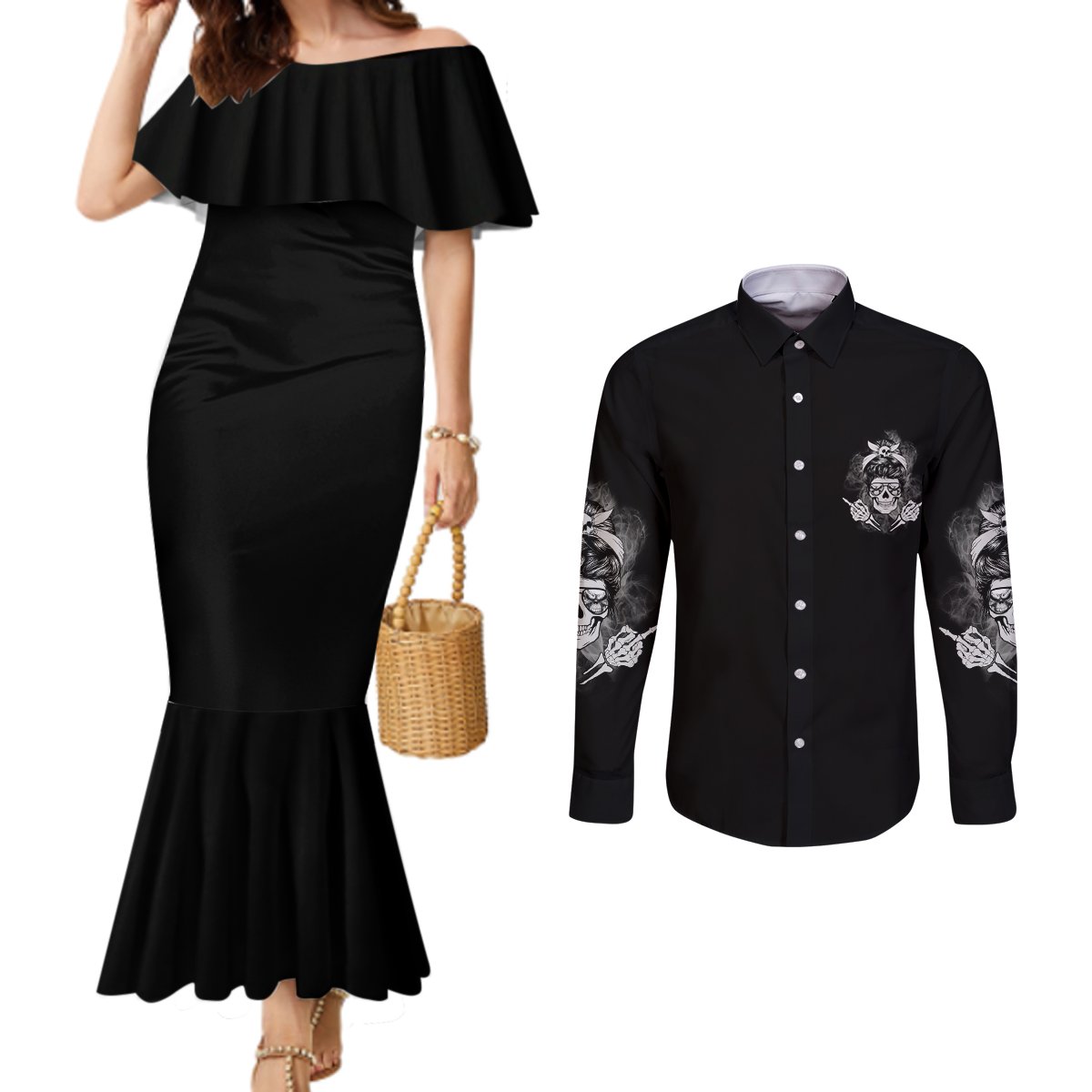 i-do-what-i-want-skull-black-and-white-couples-matching-mermaid-dress-and-long-sleeve-button-shirt
