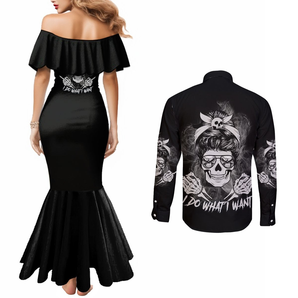 i-do-what-i-want-skull-black-and-white-couples-matching-mermaid-dress-and-long-sleeve-button-shirt