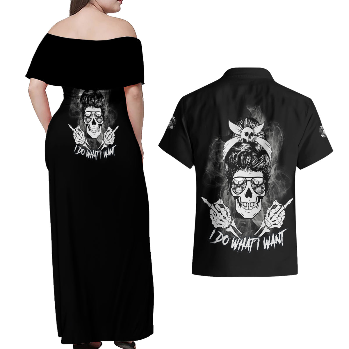 I Do What I Want Skull Black And White Couples Matching Off Shoulder Maxi Dress and Hawaiian Shirt - Wonder Print Shop