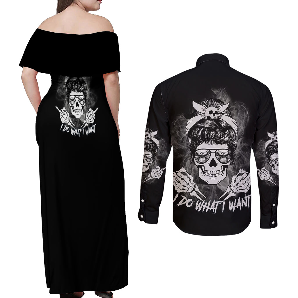 I Do What I Want Skull Black And White Couples Matching Off Shoulder Maxi Dress and Long Sleeve Button Shirt - Wonder Print Shop