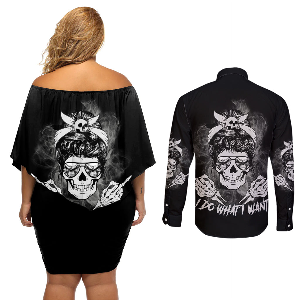 I Do What I Want Skull Black And White Couples Matching Off Shoulder Short Dress and Long Sleeve Button Shirt - Wonder Print Shop