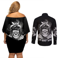 I Do What I Want Skull Black And White Couples Matching Off Shoulder Short Dress and Long Sleeve Button Shirt - Wonder Print Shop