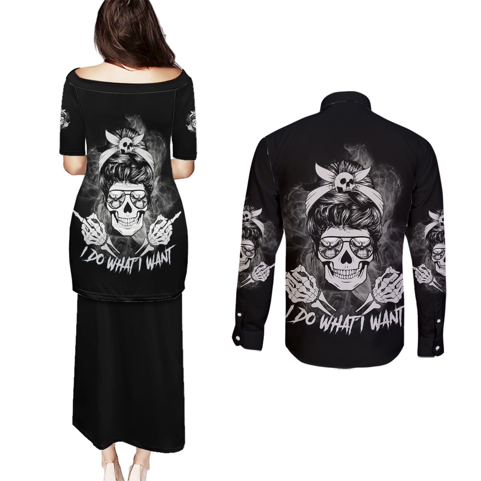 I Do What I Want Skull Black And White Couples Matching Puletasi Dress and Long Sleeve Button Shirt - Wonder Print Shop
