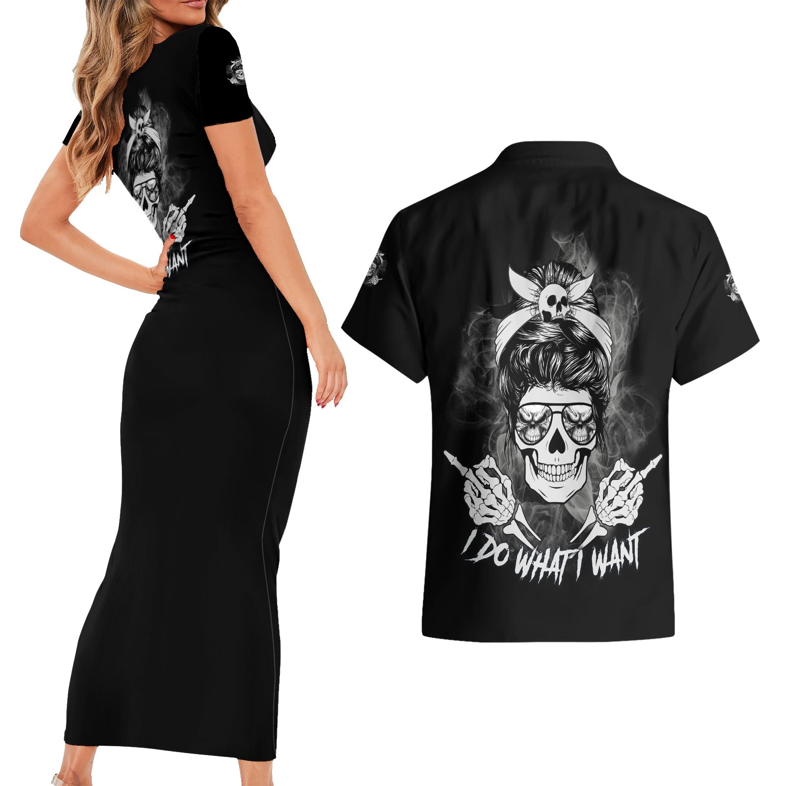 I Do What I Want Skull Black And White Couples Matching Short Sleeve Bodycon Dress and Hawaiian Shirt - Wonder Print Shop