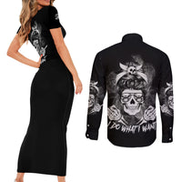 I Do What I Want Skull Black And White Couples Matching Short Sleeve Bodycon Dress and Long Sleeve Button Shirt - Wonder Print Shop
