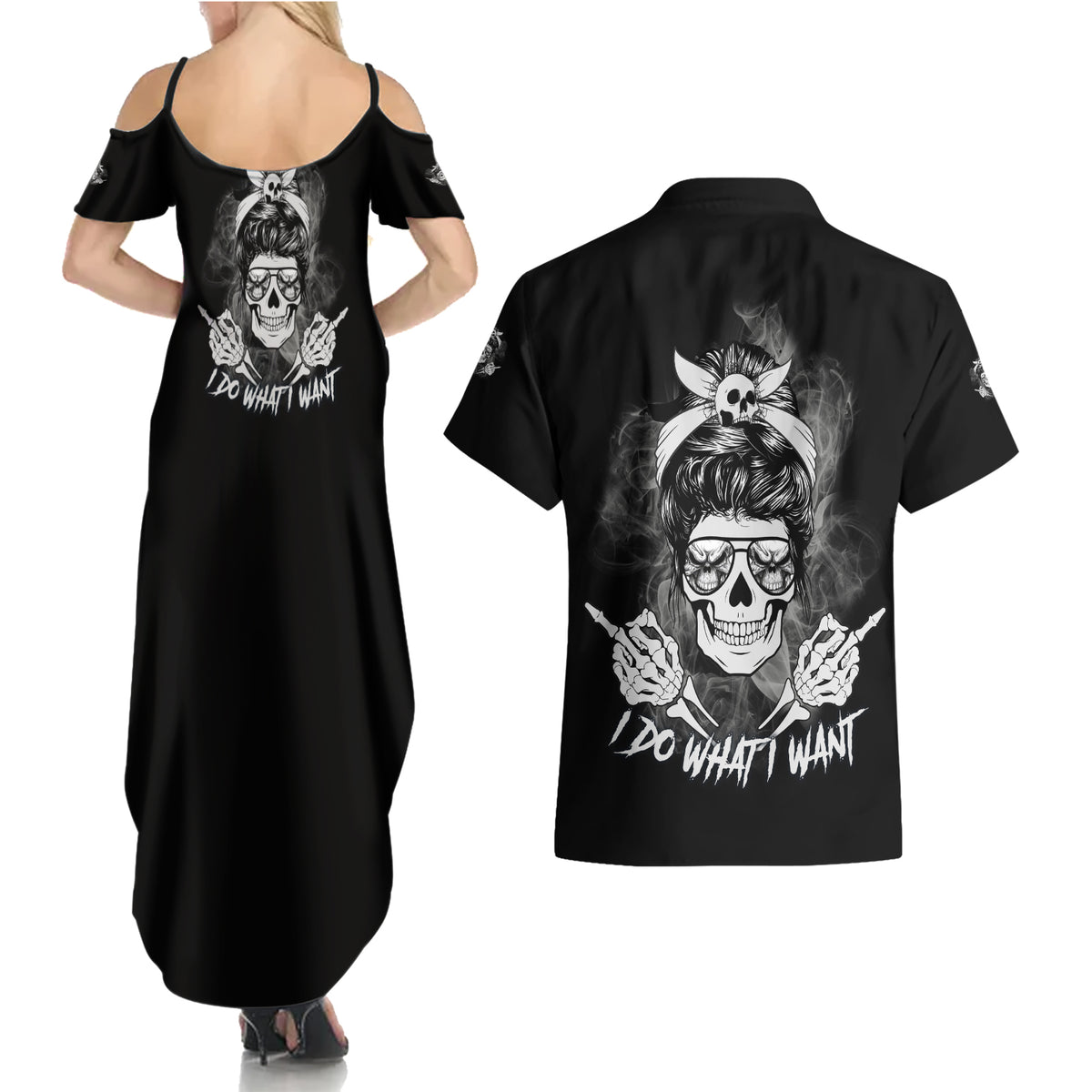 I Do What I Want Skull Black And White Couples Matching Summer Maxi Dress and Hawaiian Shirt - Wonder Print Shop