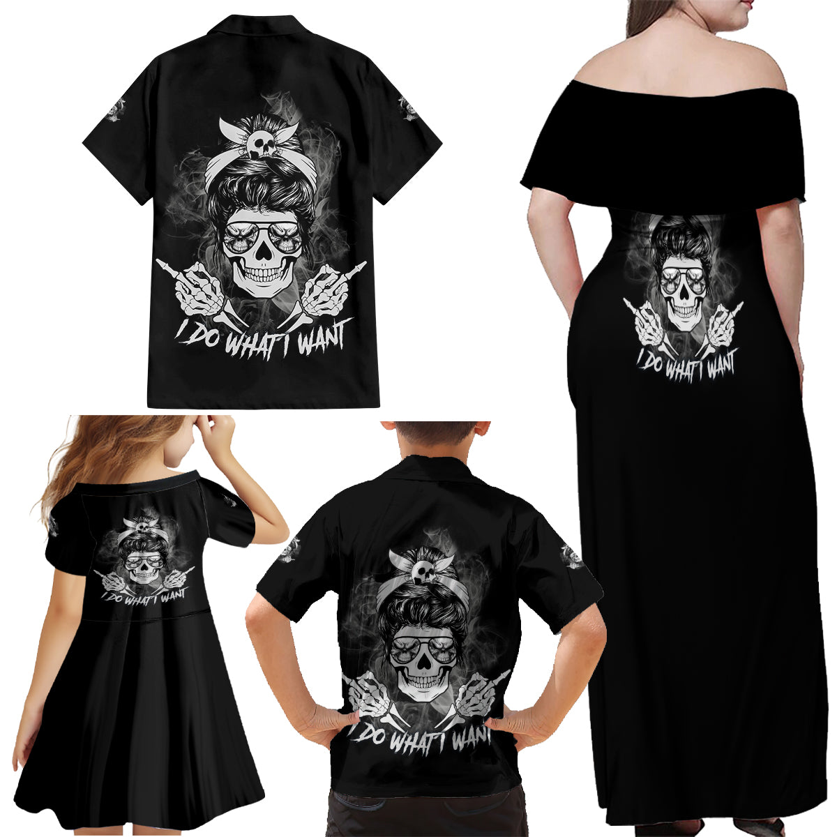 I Do What I Want Skull Black And White Family Matching Off Shoulder Maxi Dress and Hawaiian Shirt - Wonder Print Shop