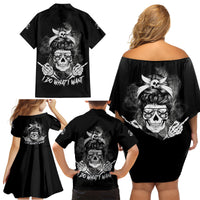 I Do What I Want Skull Black And White Family Matching Off Shoulder Short Dress and Hawaiian Shirt - Wonder Print Shop