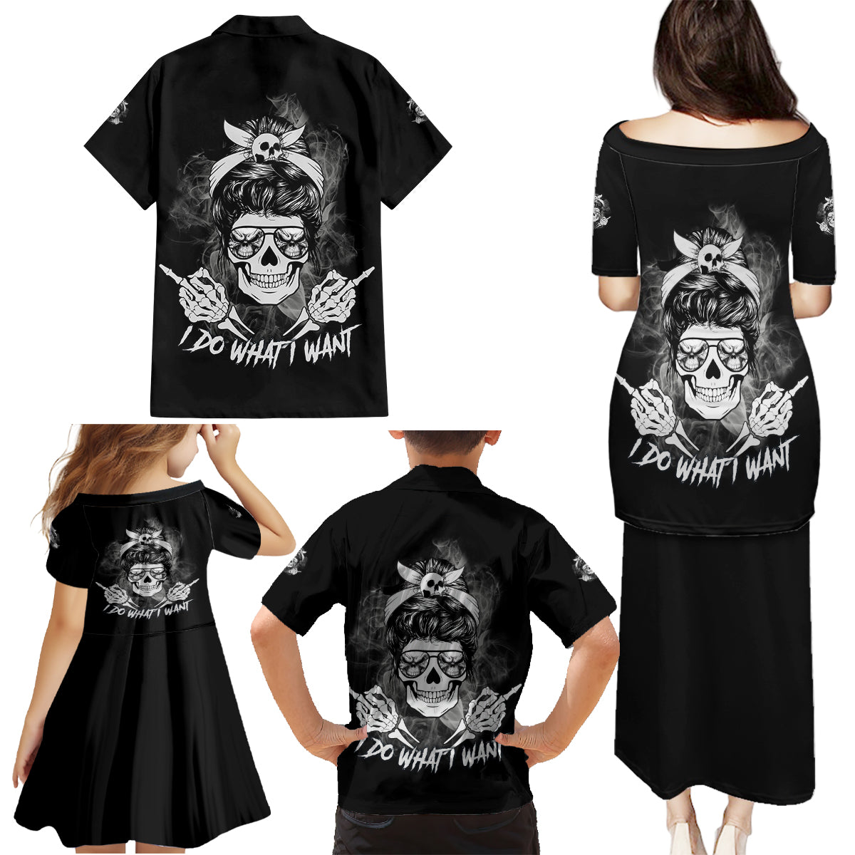 I Do What I Want Skull Black And White Family Matching Puletasi Dress and Hawaiian Shirt - Wonder Print Shop