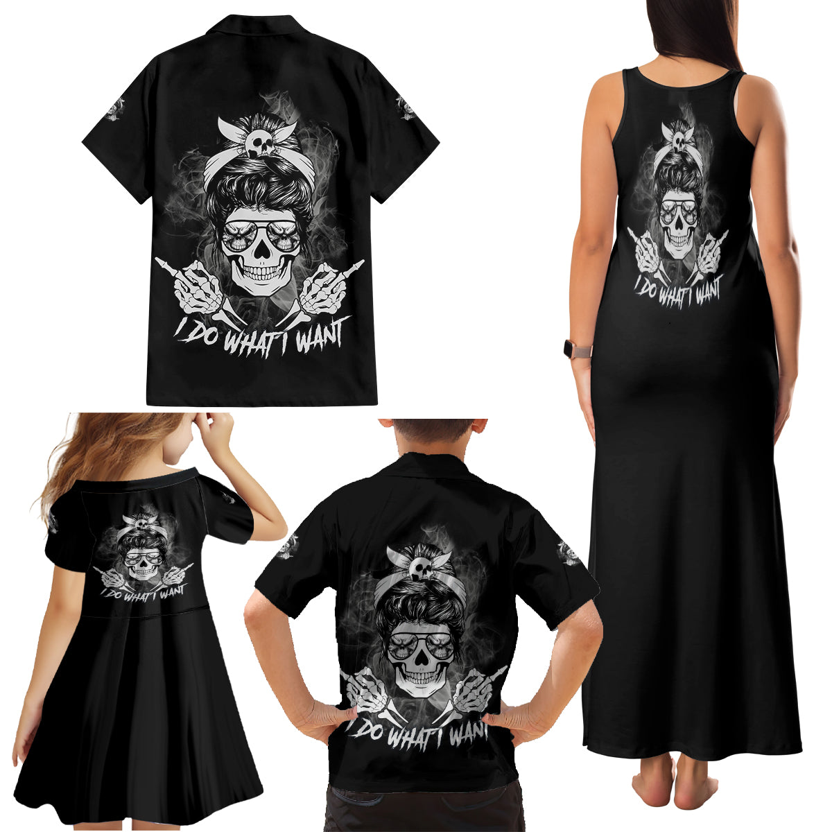 I Do What I Want Skull Black And White Family Matching Tank Maxi Dress and Hawaiian Shirt - Wonder Print Shop