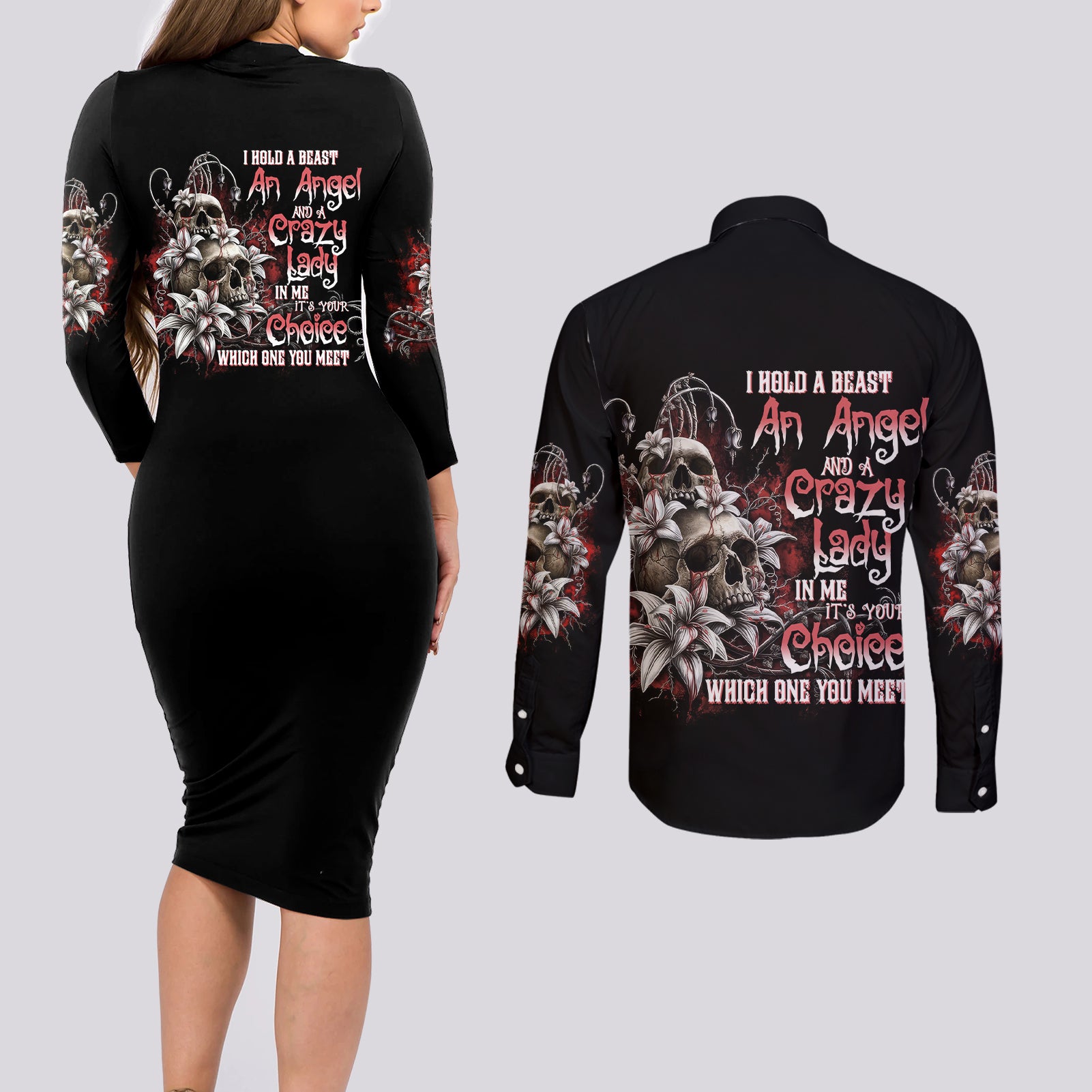 I Hold A Beast An Angel And A Crazy Lady In Me Couples Matching Long Sleeve Bodycon Dress and Long Sleeve Button Shirt - Wonder Print Shop