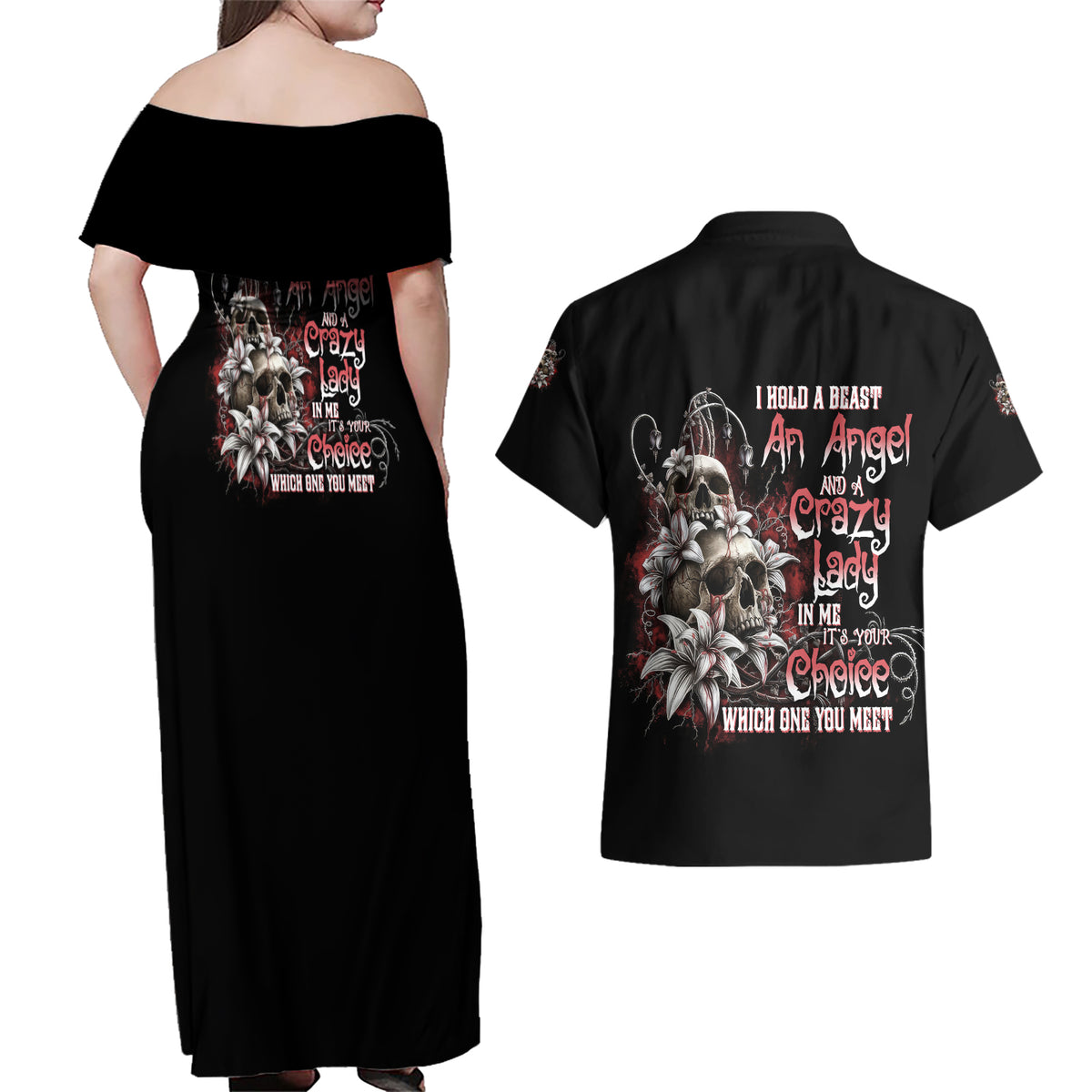 I Hold A Beast An Angel And A Crazy Lady In Me Couples Matching Off Shoulder Maxi Dress and Hawaiian Shirt - Wonder Print Shop