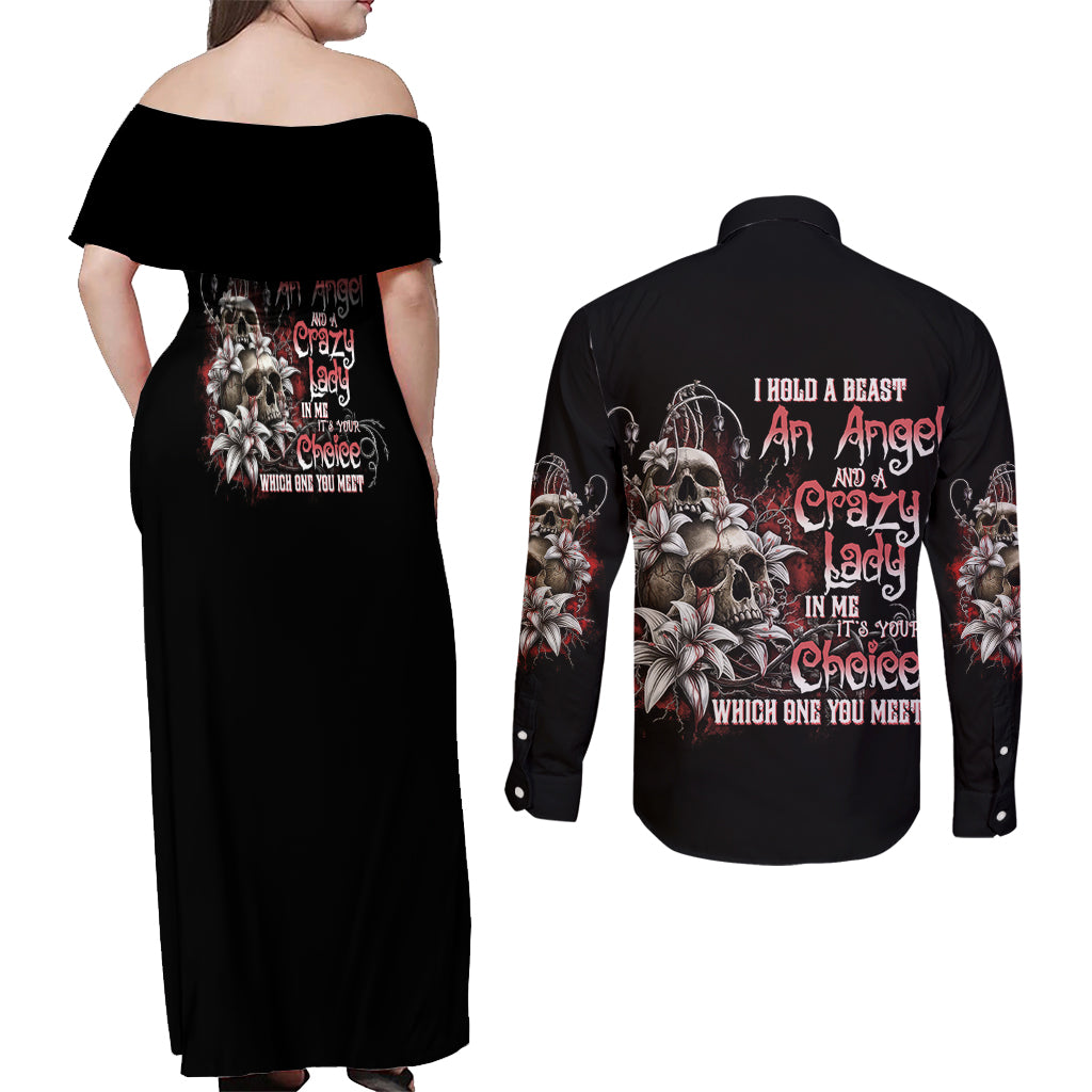 I Hold A Beast An Angel And A Crazy Lady In Me Couples Matching Off Shoulder Maxi Dress and Long Sleeve Button Shirt - Wonder Print Shop