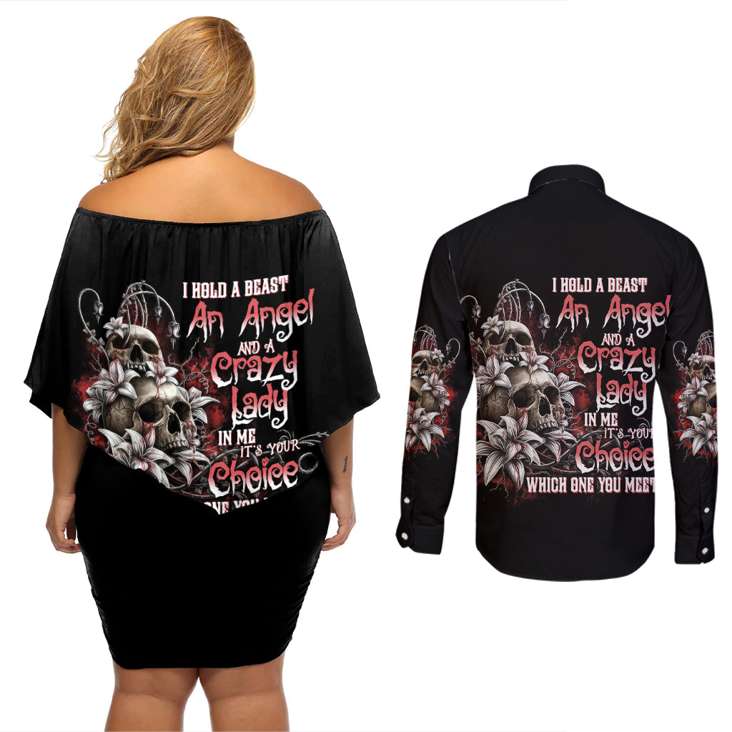 I Hold A Beast An Angel And A Crazy Lady In Me Couples Matching Off Shoulder Short Dress and Long Sleeve Button Shirt - Wonder Print Shop