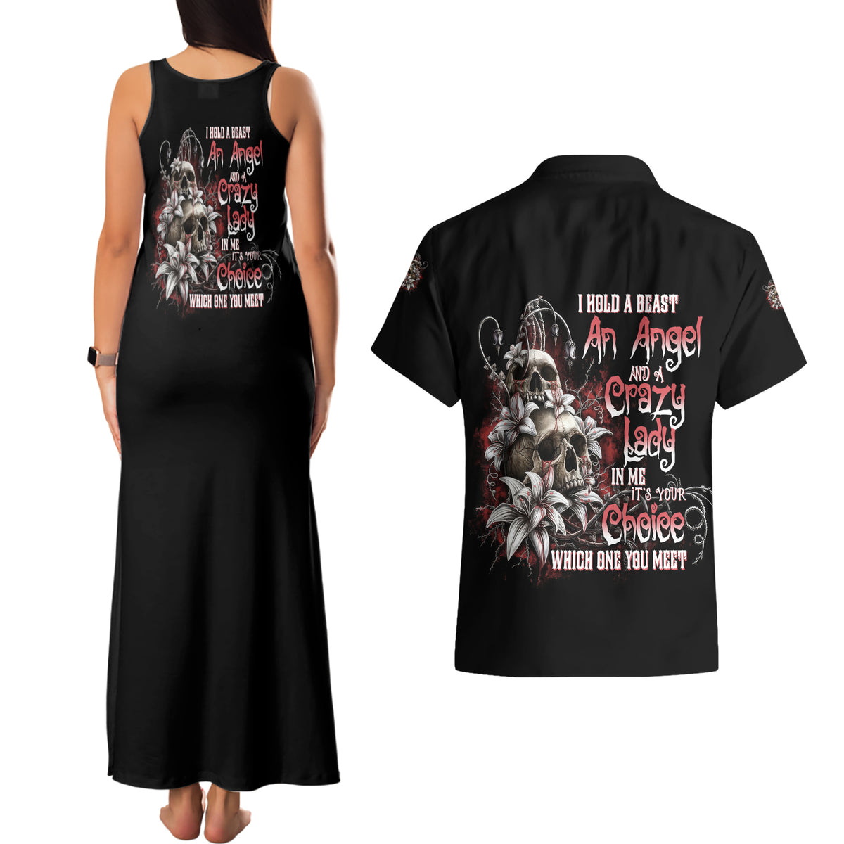 I Hold A Beast An Angel And A Crazy Lady In Me Couples Matching Tank Maxi Dress and Hawaiian Shirt - Wonder Print Shop