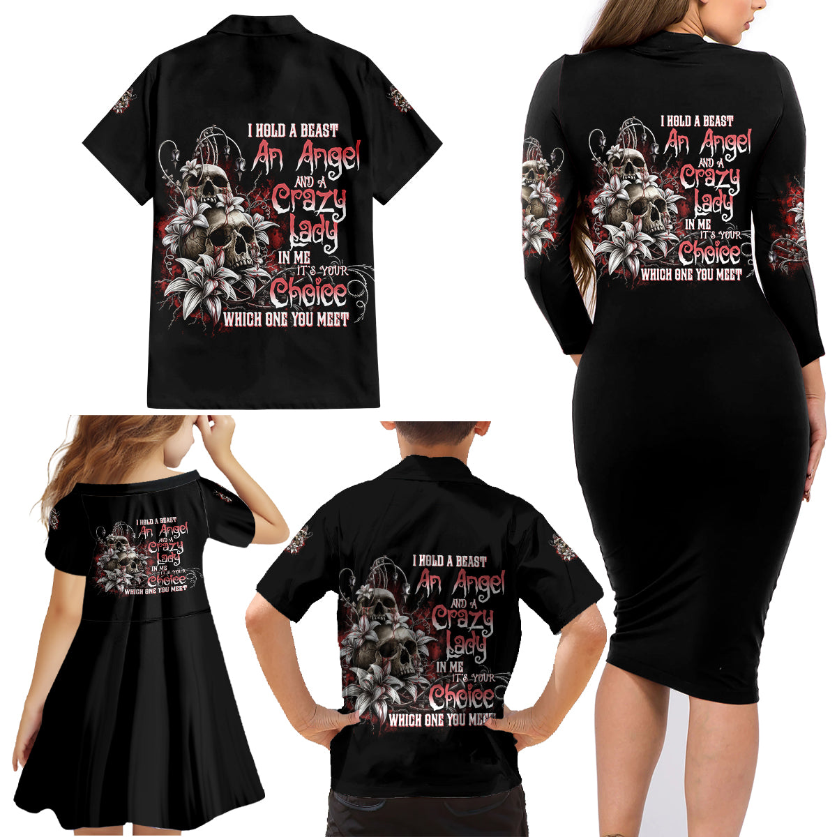 I Hold A Beast An Angel And A Crazy Lady In Me Family Matching Long Sleeve Bodycon Dress and Hawaiian Shirt - Wonder Print Shop