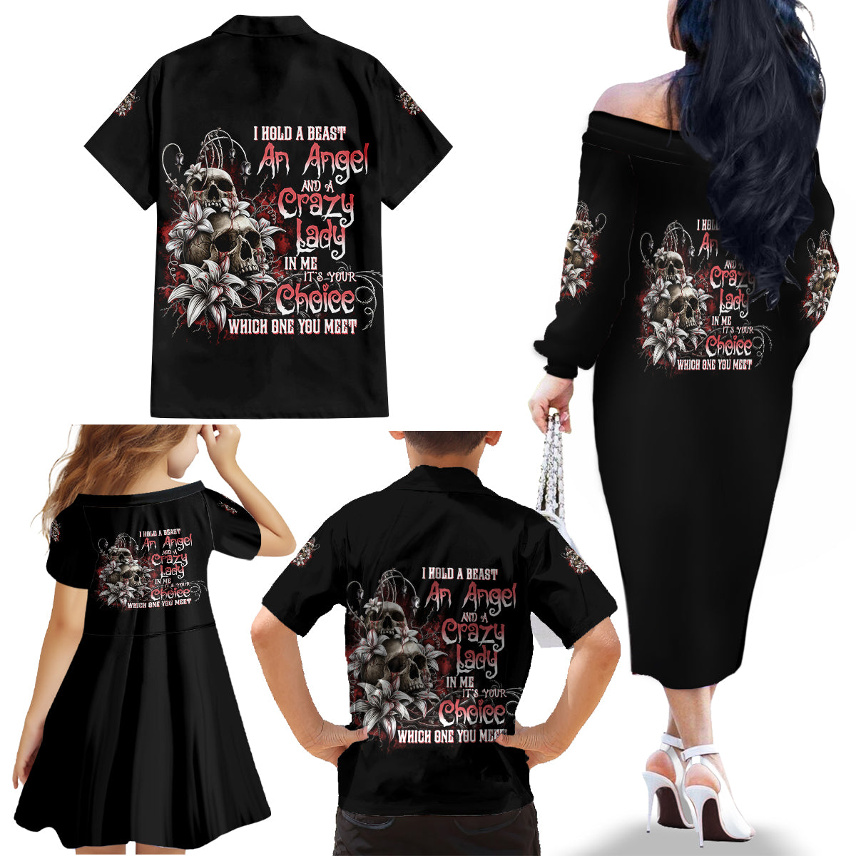 I Hold A Beast An Angel And A Crazy Lady In Me Family Matching Off Shoulder Long Sleeve Dress and Hawaiian Shirt - Wonder Print Shop