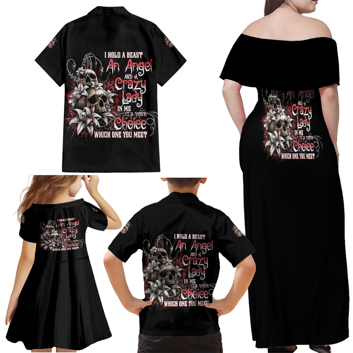 I Hold A Beast An Angel And A Crazy Lady In Me Family Matching Off Shoulder Maxi Dress and Hawaiian Shirt - Wonder Print Shop