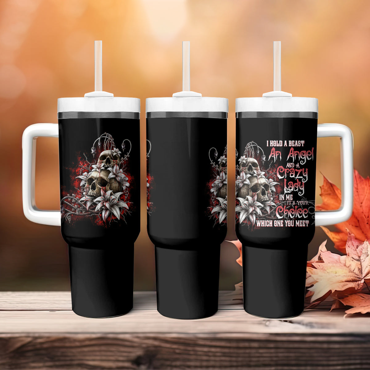 I Hold A Beast An Angel And A Crazy Lady In Me Tumbler With Handle - Wonder Print Shop