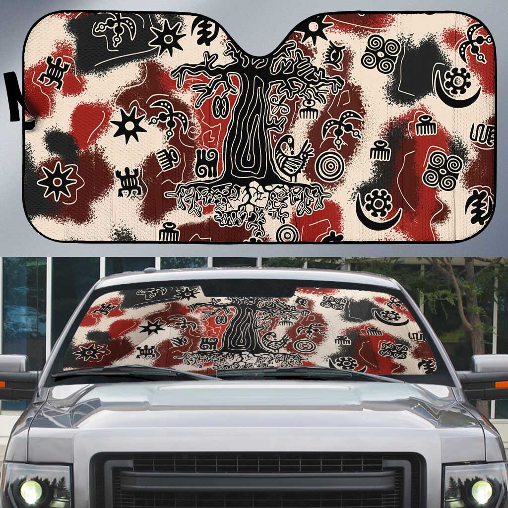 Sacred Heritage Auto Sun Shade African Abstract Baobab Tree, Ethnic Symbols, and Red-Black Pattern - Wonder Print Shop