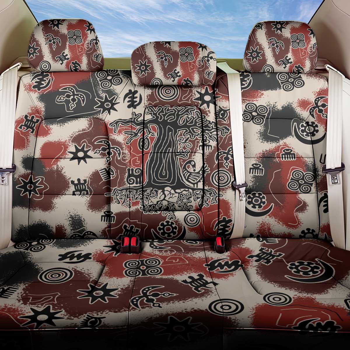 Sacred Heritage Back Car Seat Cover African Abstract Baobab Tree, Ethnic Symbols, and Red-Black Pattern - Wonder Print Shop