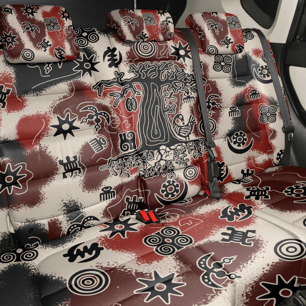 Sacred Heritage Back Car Seat Cover African Abstract Baobab Tree, Ethnic Symbols, and Red-Black Pattern - Wonder Print Shop