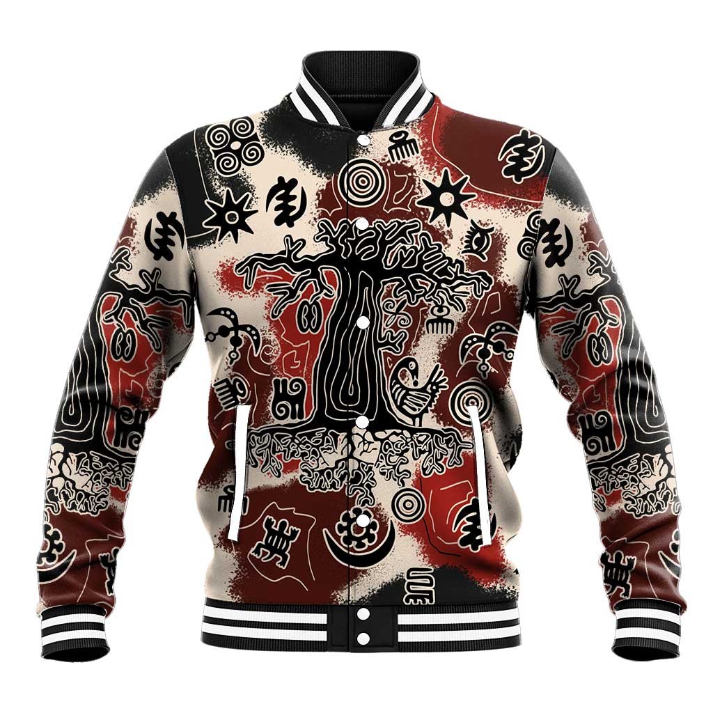 Sacred Heritage Baseball Jacket African Abstract Baobab Tree, Ethnic Symbols, and Red-Black Pattern - Wonder Print Shop