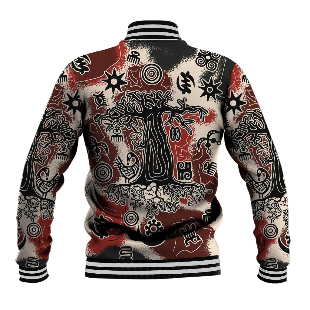 Sacred Heritage Baseball Jacket African Abstract Baobab Tree, Ethnic Symbols, and Red-Black Pattern - Wonder Print Shop