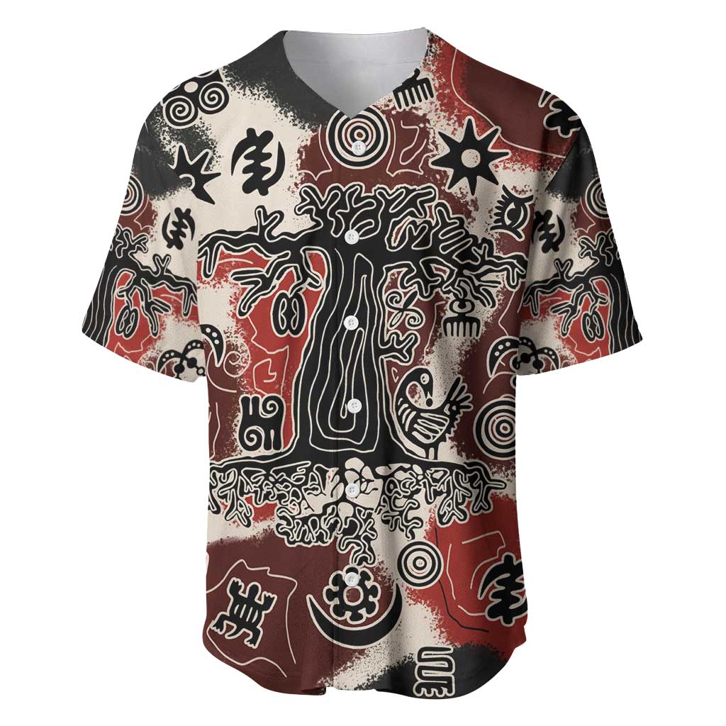 Sacred Heritage Baseball Jersey African Abstract Baobab Tree, Ethnic Symbols, and Red-Black Pattern - Wonder Print Shop