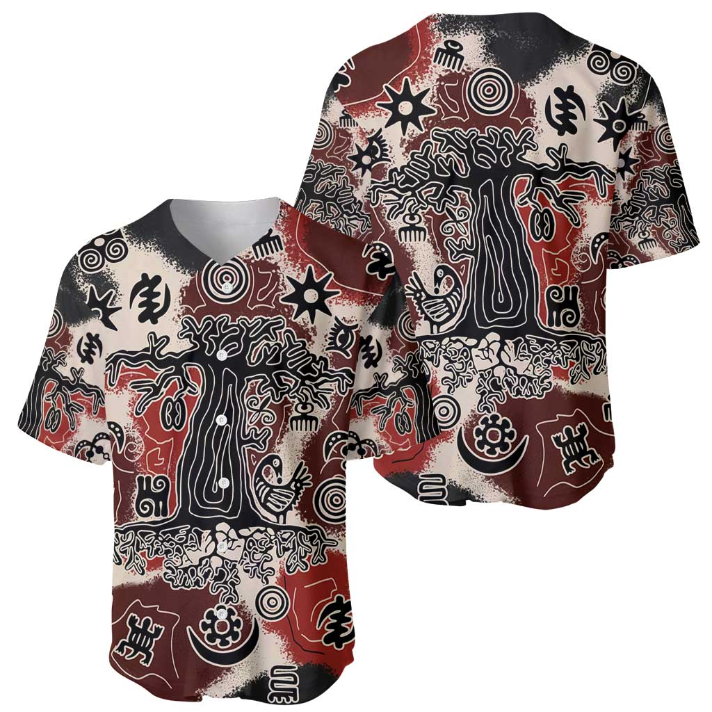 Sacred Heritage Baseball Jersey African Abstract Baobab Tree, Ethnic Symbols, and Red-Black Pattern - Wonder Print Shop