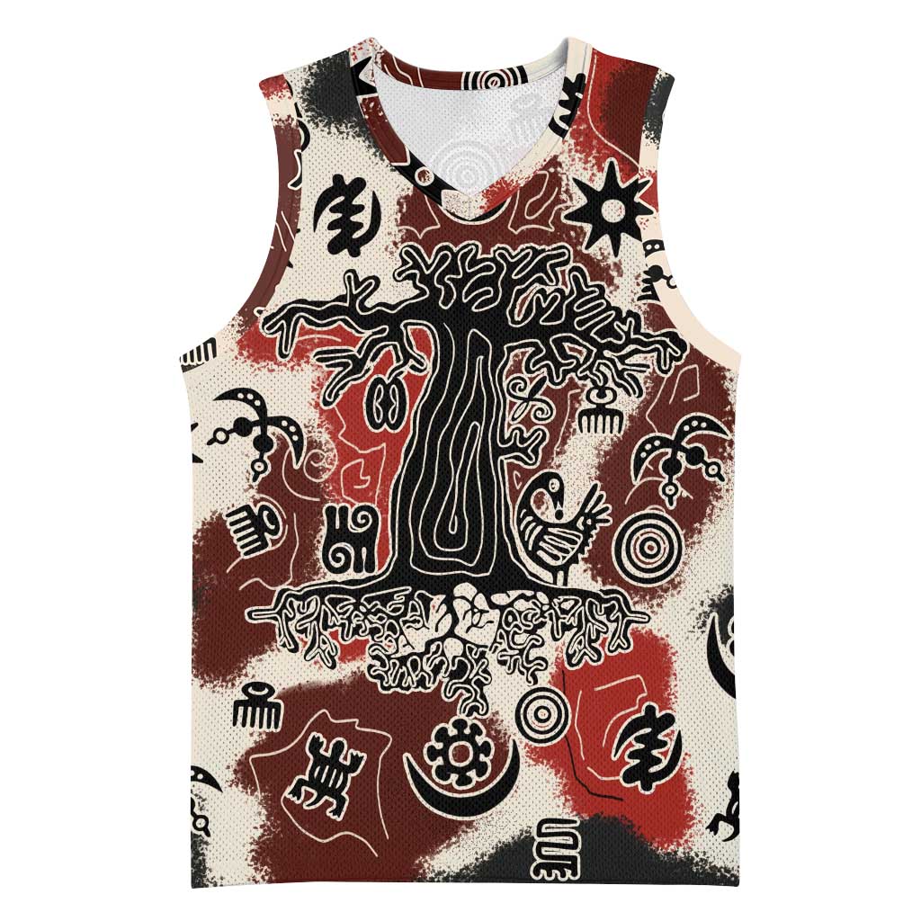 Sacred Heritage Basketball Jersey African Abstract Baobab Tree, Ethnic Symbols, and Red-Black Pattern - Wonder Print Shop