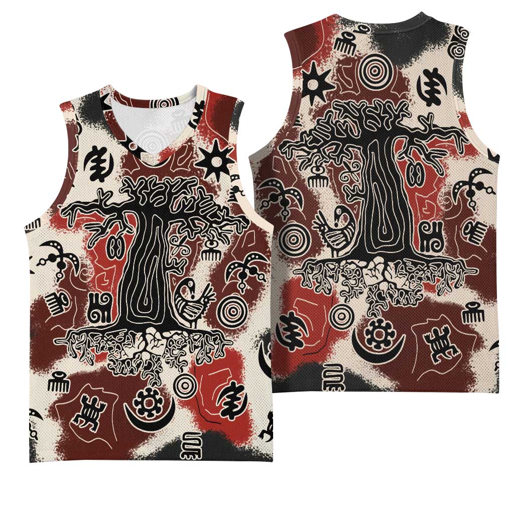 Sacred Heritage Basketball Jersey African Abstract Baobab Tree, Ethnic Symbols, and Red-Black Pattern - Wonder Print Shop