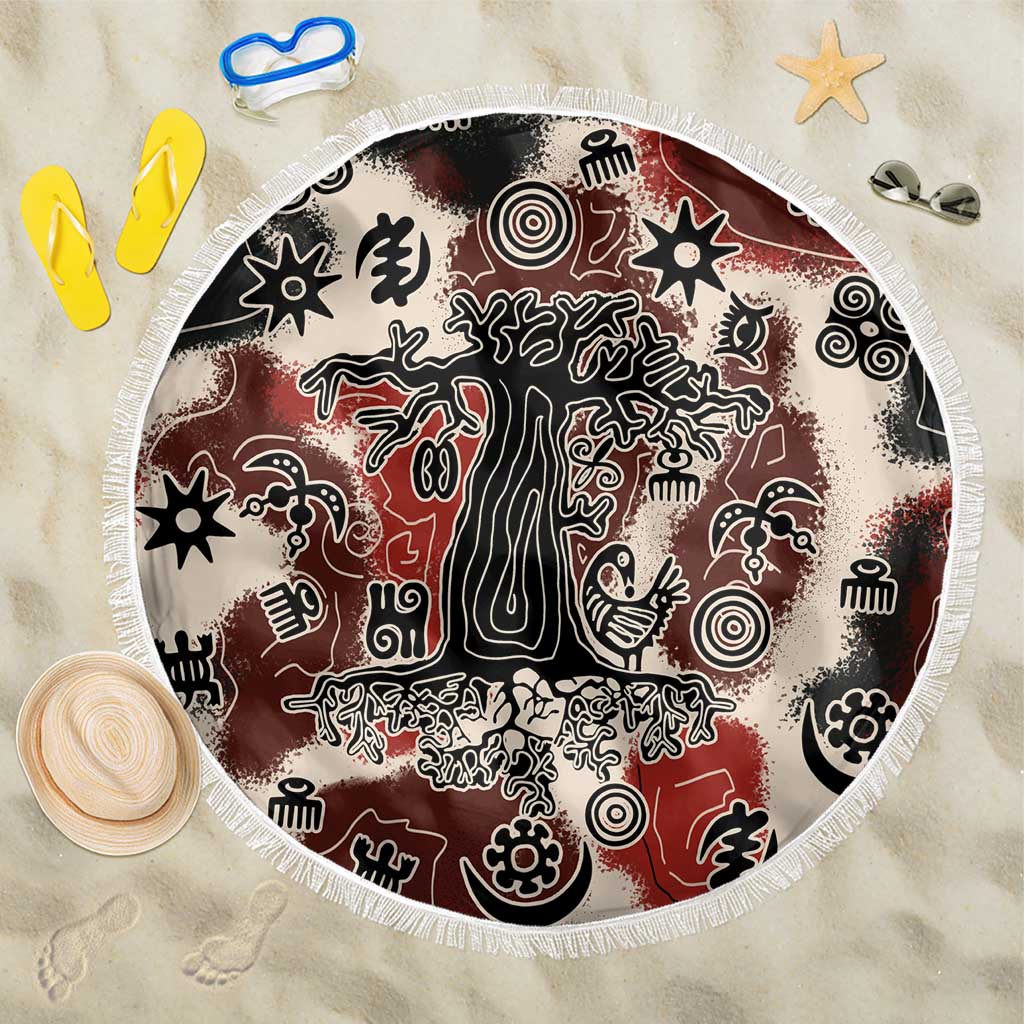 Sacred Heritage Beach Blanket African Abstract Baobab Tree, Ethnic Symbols, and Red-Black Pattern - Wonder Print Shop